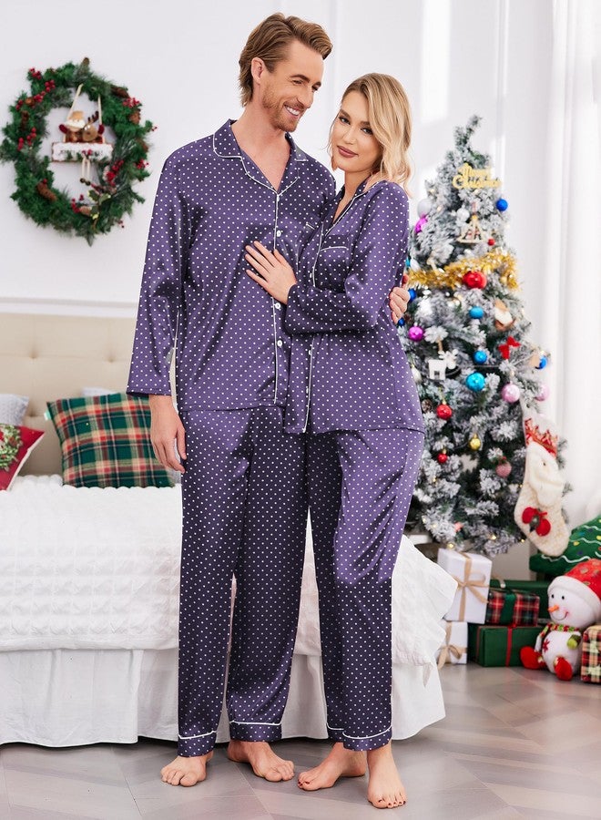 Ekouaer Couples Matching Pajamas Silk Long Sleeve Sleepwear Satin Soft Button Down Loungewear Pjs Set,Navy White Polka Dots,S - Image 5